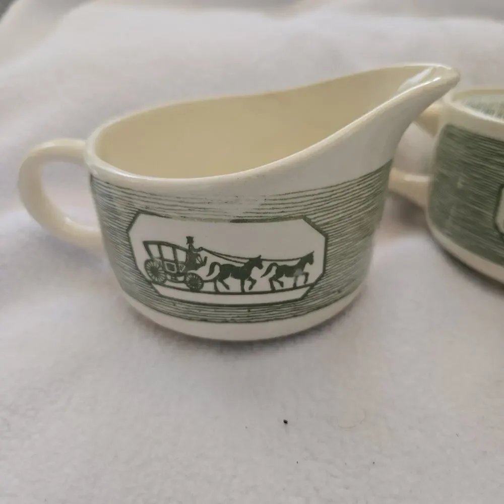 MCM Creamer and Sugar Bowl, Horse and Carriage, Cream and Green COTTAGE CORE